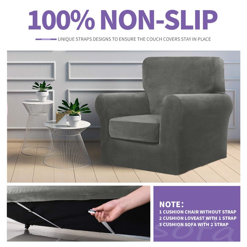ZNSAYOTX Luxury Velvet Couch Cover 4 Piece (72"-92") Stretch Sofa Covers for 3 Cushion Couch Thick Soft Sofa Slipcover with Non Slip Strap, Dog Pet Friendly Nice Furniture Protector (Grey) - Image 5